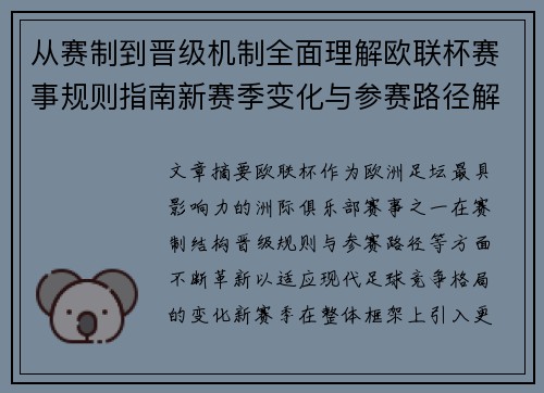 从赛制到晋级机制全面理解欧联杯赛事规则指南新赛季变化与参赛路径解析