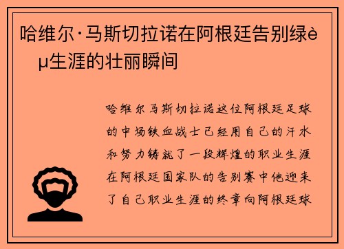 哈维尔·马斯切拉诺在阿根廷告别绿茵生涯的壮丽瞬间 哈维尔·马斯切拉诺在阿根廷告别绿茵生涯的壮丽瞬间