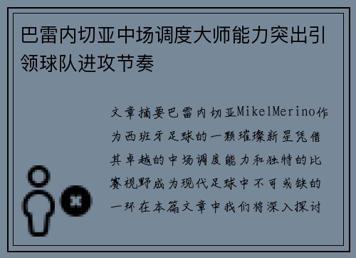 巴雷内切亚中场调度大师能力突出引领球队进攻节奏